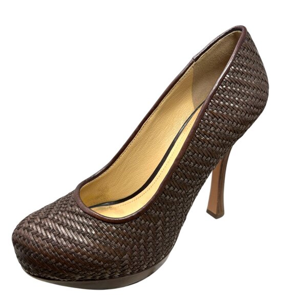 Joan and David Brown Woven Leather Platform Almond Toe Pumps - Picture 4 of 11